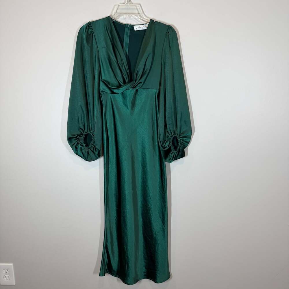 Petal & Pup Emerald Green Satin Midi Dress Long Sleeve Twist Front US 0